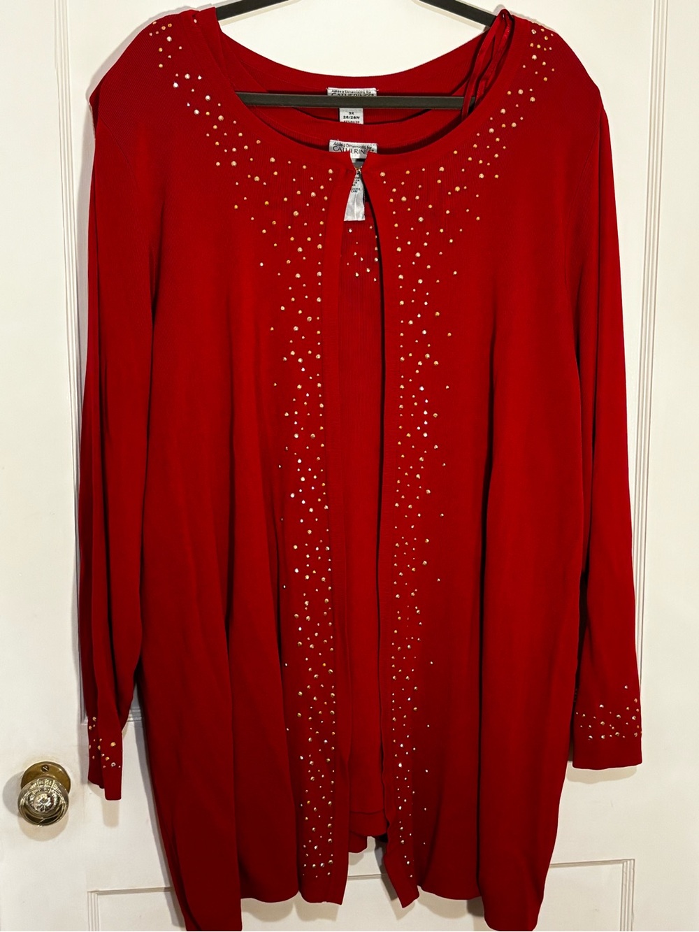 Catherines Red Long-Sleeve Embellished Open-Front Cardigan Dress